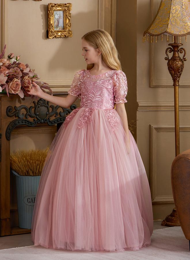 Take Two Girls Pink Floral Lace Puff Sleeve Maxi Dress - Image 5